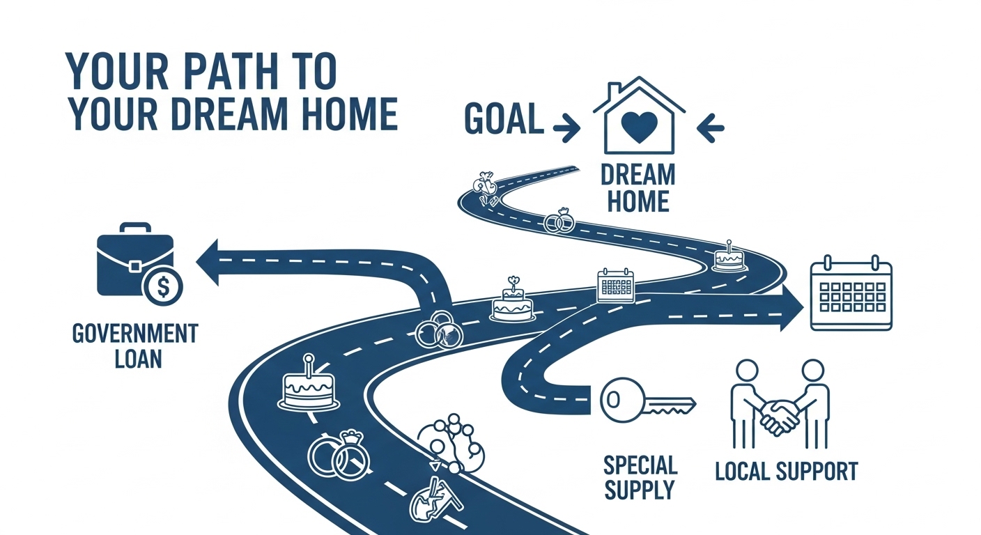 정부 대출, 특별 공급, 지자체 지원 등 신혼부부 내 집 마련의 다양한 경로를 보여주는 로드맵 인포그래픽. 꿈의 집을 향해 나아가는 명확한 과정을 시각적으로 제시합니다.