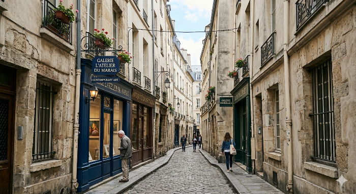 마레 지구 골목, 오래된 석조 건물 사이로 갤러리 간판이 보이는 좁은 거리 풍경
