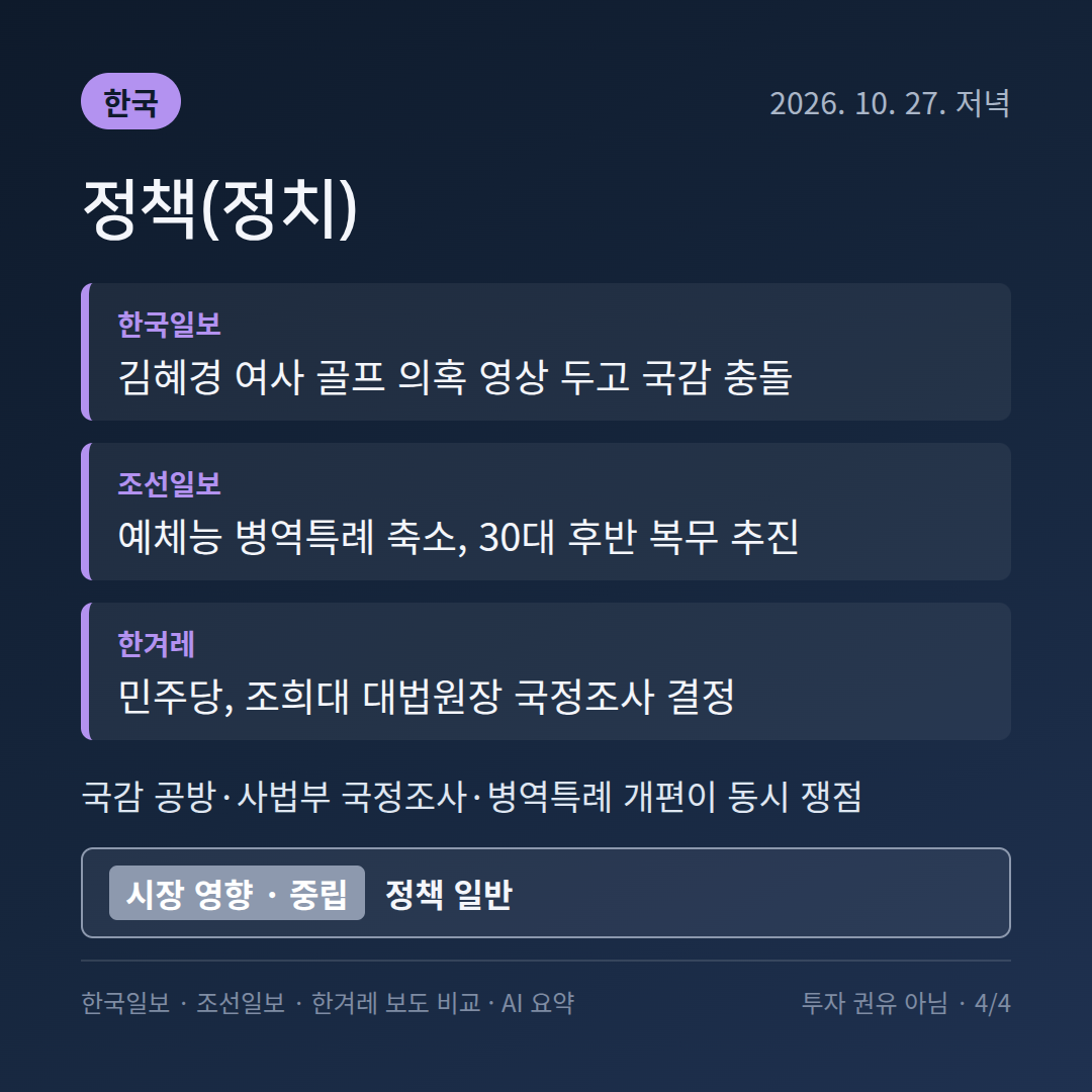 한국 정책(정치) 보도 비교 카드: 3분기 성장률&middot;HBM 수출&middot;조희대 국정조사