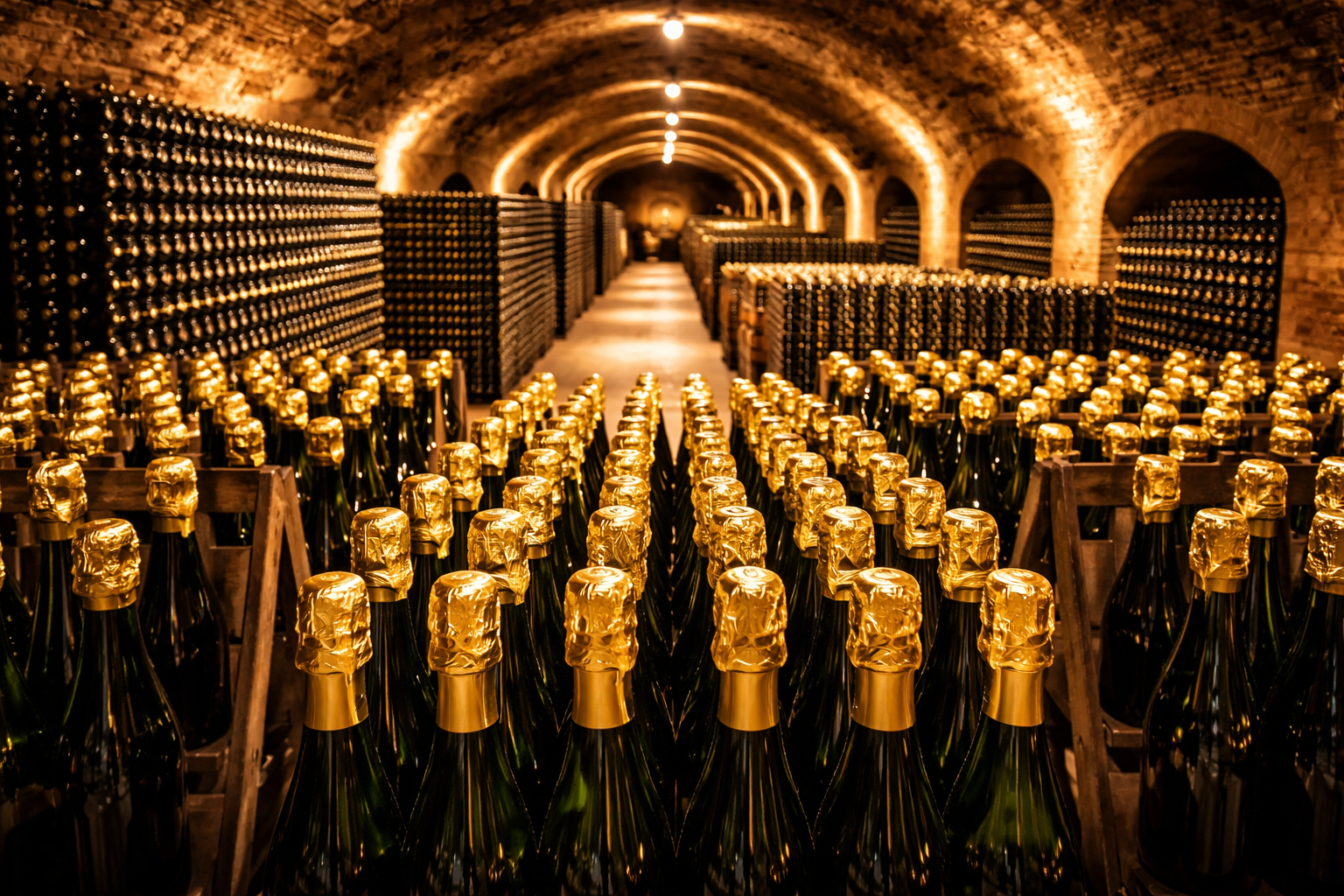 샴페인 와이너리에 많은 샴페인병이 즐비한 사진