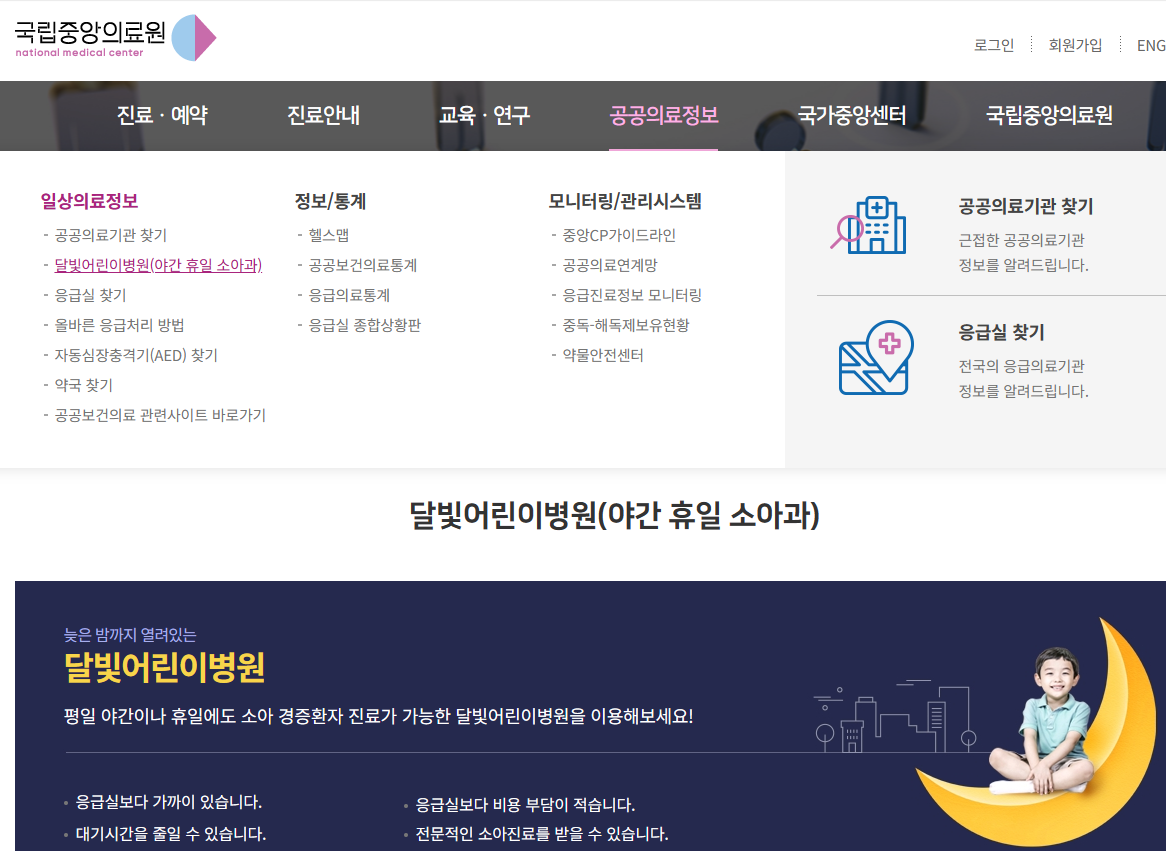 국립중앙의료원 홈페이지 달빛 어린이병원 내용