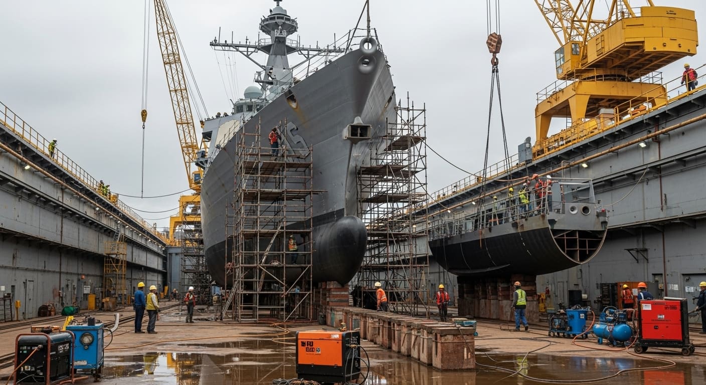 LNG 운반선이 건조되는 조선소 현장