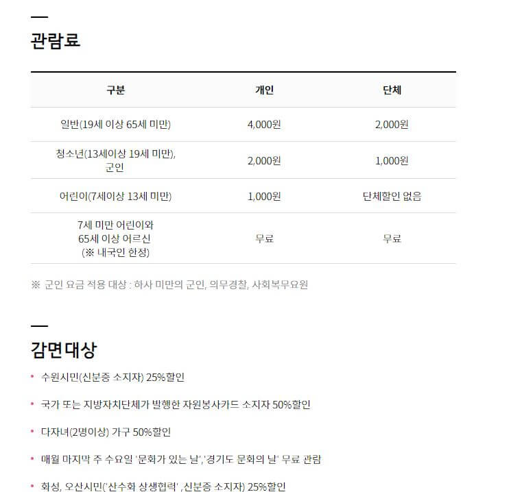 수원시립아이파크 미술관 관람료 및 할인