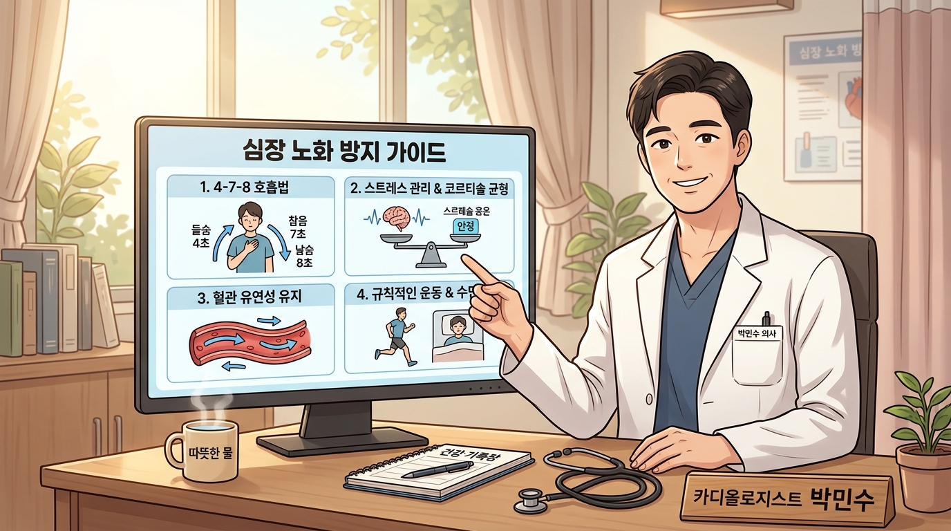 밝고 청결한 대학병원 진료실에서 심장 내과 전문가 선생님이 대형 디지털 모니터 화면을 가리키며 정신적 하중이 혈관 탄력 엘라스틴 세포에 미치는 부정적 영향을 조목조목 설명하고, 만성 스트레스가 유발하는 '심장 조기 노화' 방지법 및 코르티솔과 혈관 탄력의 비밀 핵심 수칙을 환자에게 다정하게 알려주는 2D 일러스트 이미지.