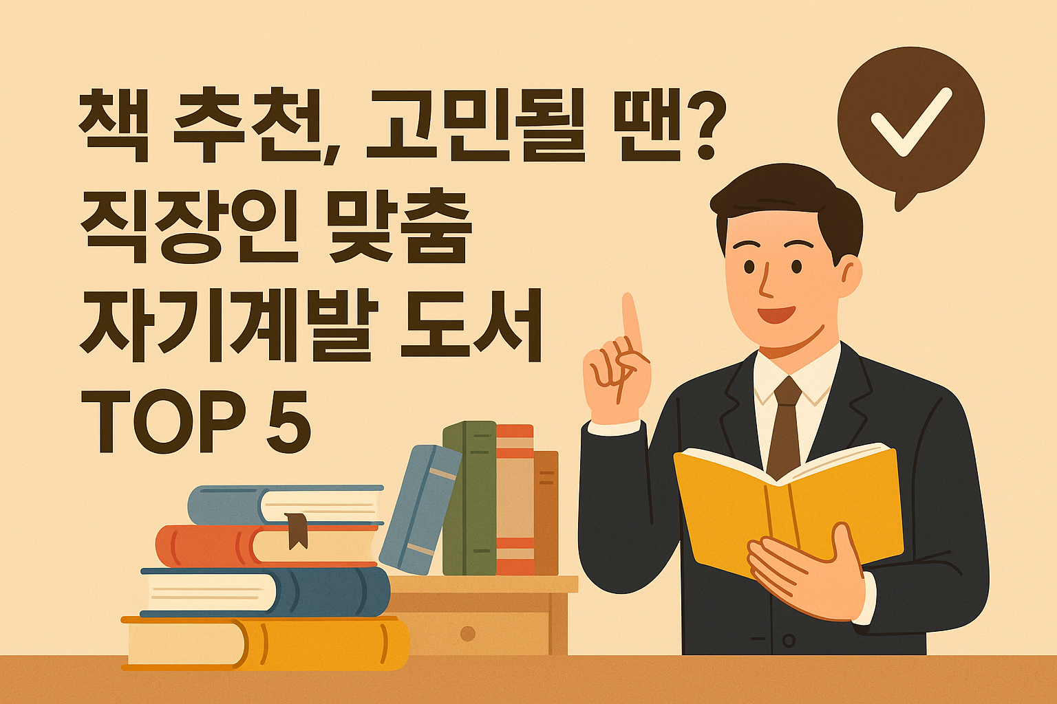 책 추천, 고민될 땐? 직장인 맞춤 자기계발 도서 TOP 5 - 정장을 입은 직장인이 책을 들고 설명하는 모습