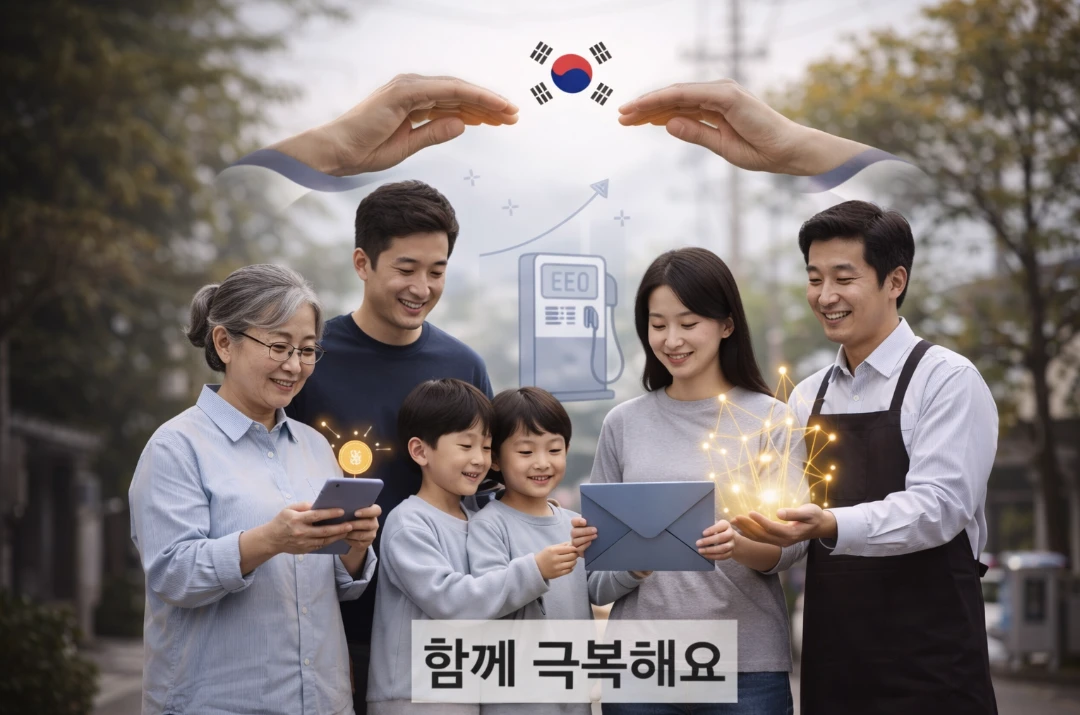 유류비 상승으로 어려움을 겪는 시민들이 정부의 고유가 피해지원금을 통해 경제적 부담을 덜고 희망을 얻는 모습을 묘사한 이미지.