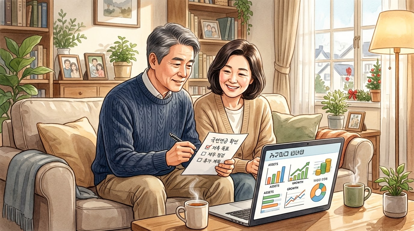 거실 소파에서 노트북으로 퇴직연금 조회 화면을 보며 체크리스트에 표시하는 50대 부부