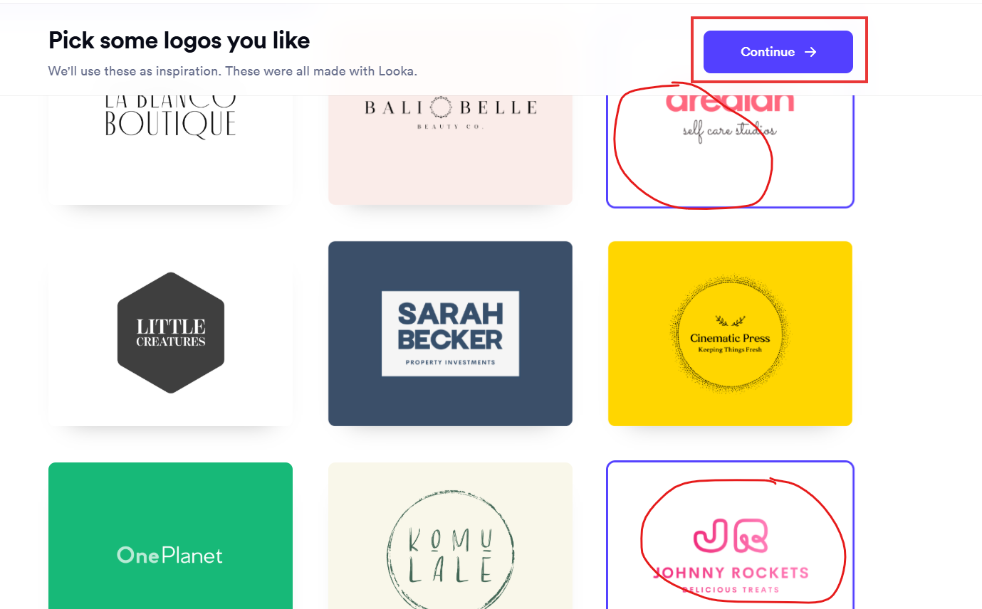 Looka 사용법 - 선호하는 로고 선택 화면