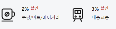 '쿠팡/마트/베이커리 2% 할인, 대중교통 3% 할인' 문구