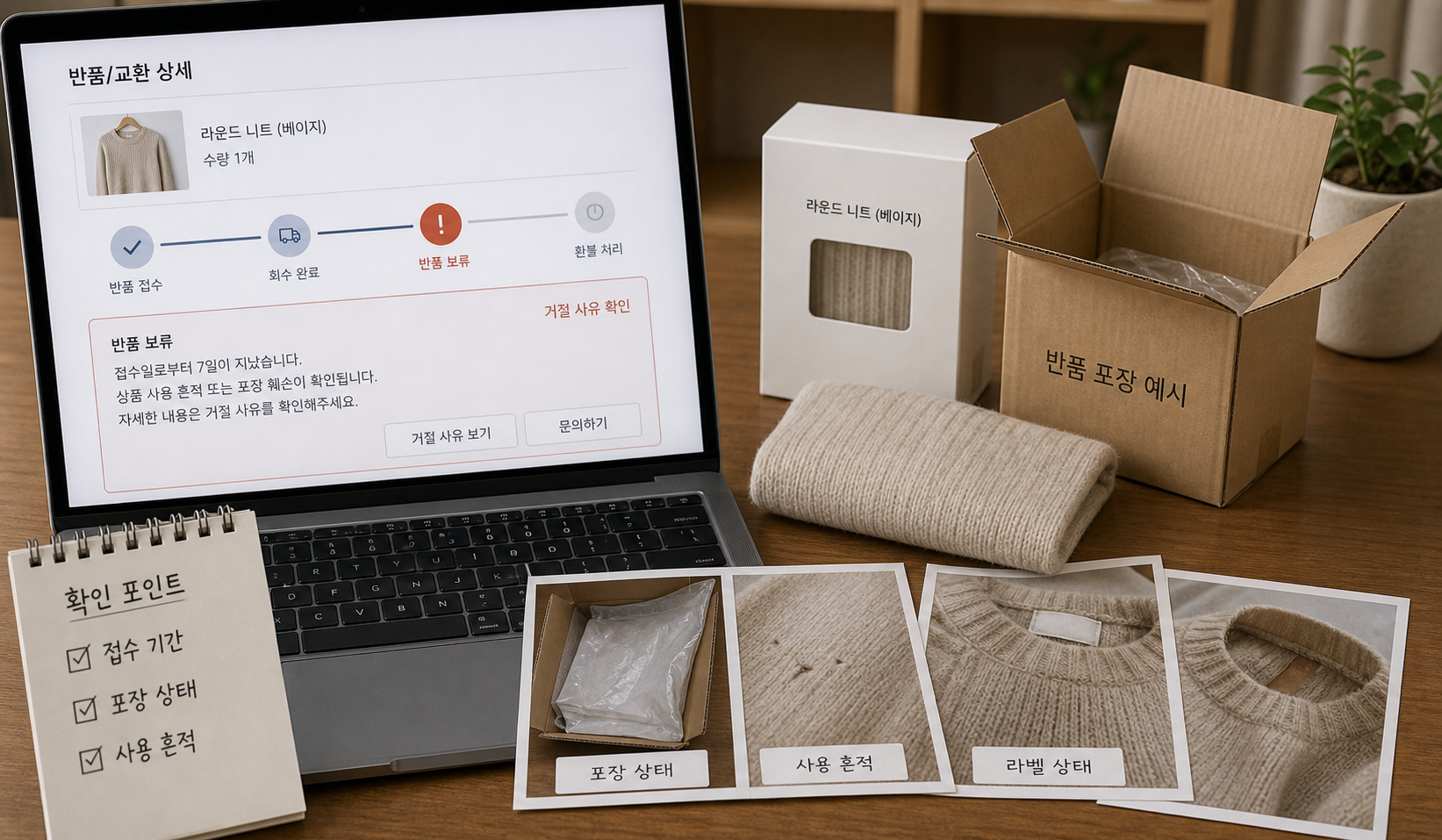 단순변심 반품 거부 사유를 포장 사용 흔적 기간 기준으로 확인하는 화면