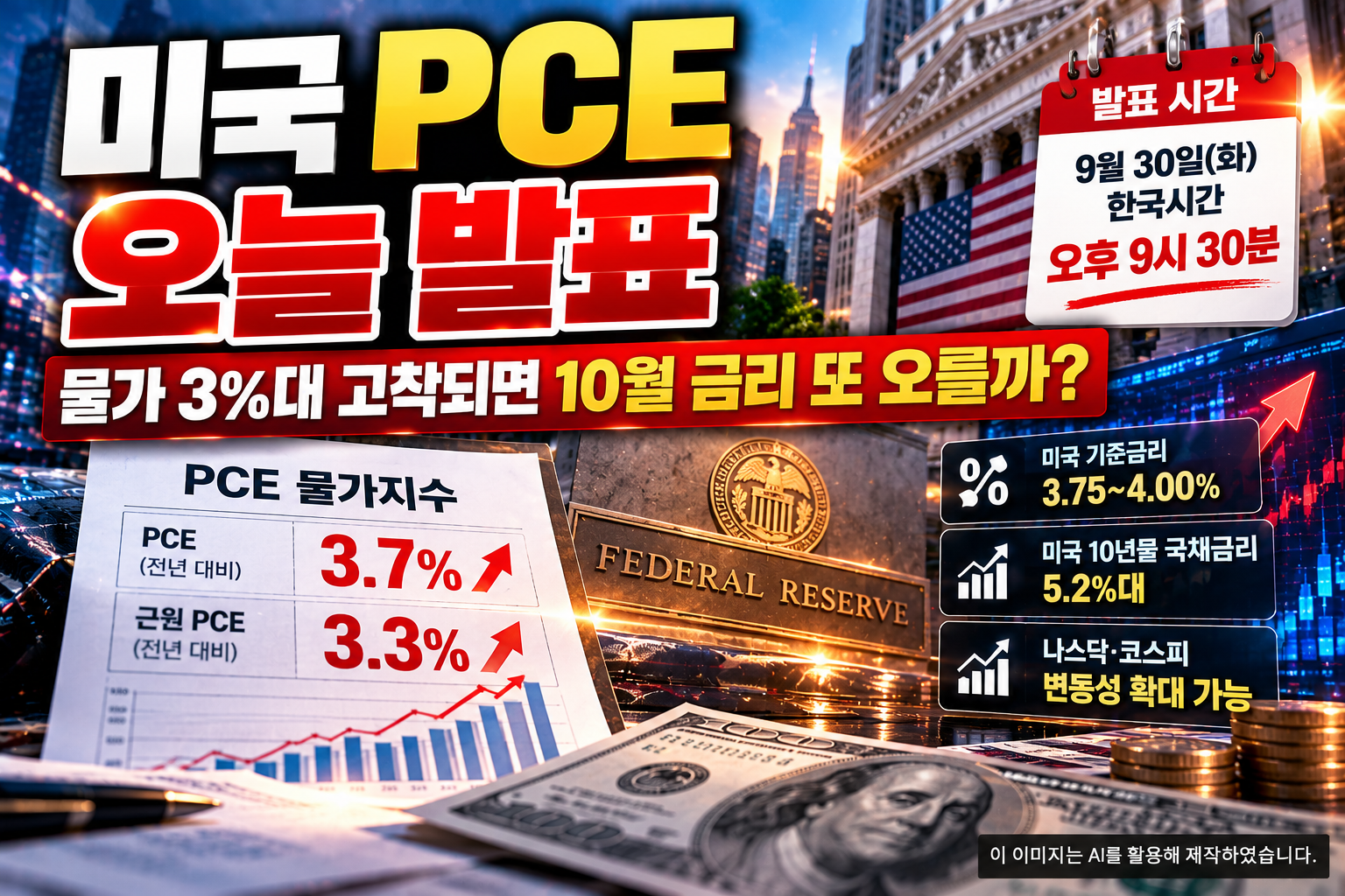 미국 PCE 물가지수 발표와 3%대 물가, 10월 금리 인상 가능성 및 미국 국채금리 영향을 표현한 이미지