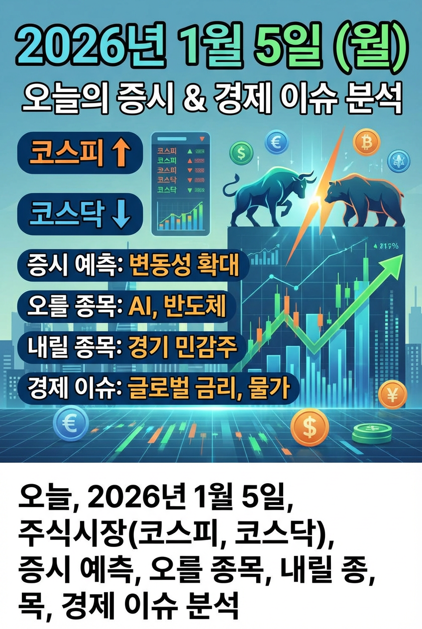 오늘, 2026년 1월 5일ㅣ주식시장ㅣ코스피ㅣ코스닥ㅣ 증시 예측, 오를 종목, 내릴 종목, 경제 이슈 분석