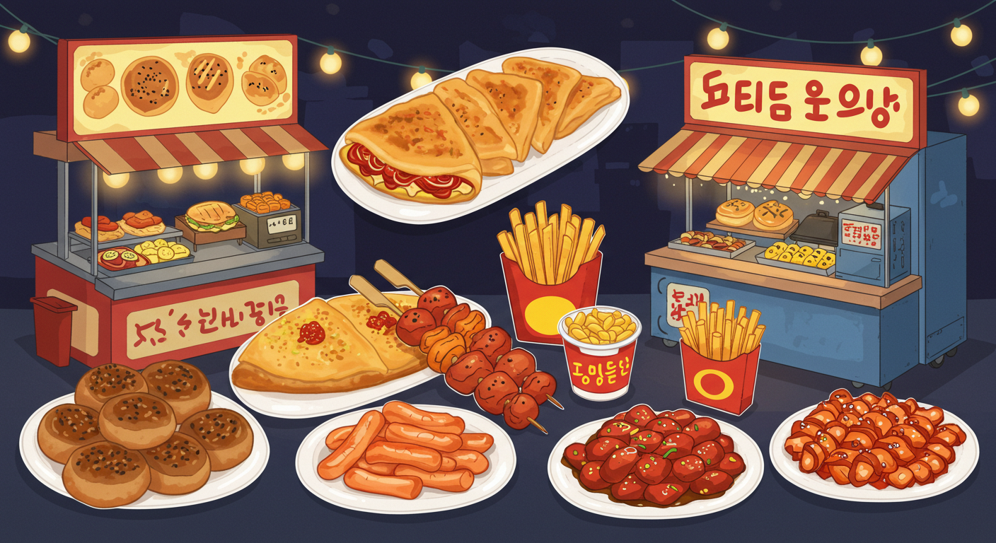 부산 야시장에서 인기 많은 간식 일러스트