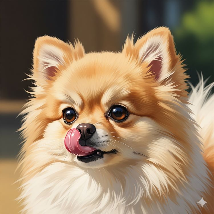 약간 긴장한 표정으로 코를 핥으며 카밍 시그널(진정 신호)을 보내는 포메라니안