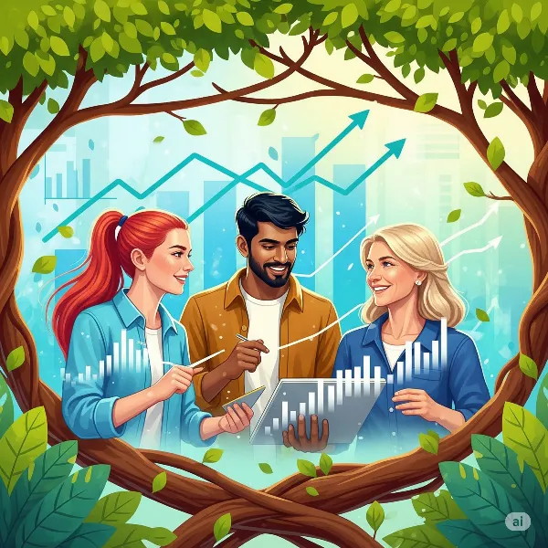 세 명의 밝은 표정의 사업가가 태블릿을 함께 보며 그래프를 분석하는 모습, 주변에는 상승하는 화살표와 성장 관련 아이콘들이 떠다님. 협력을 통해 더 큰 성과를 만들어내는 시너지 효과를 표현.
함께 성장하는 시너지!