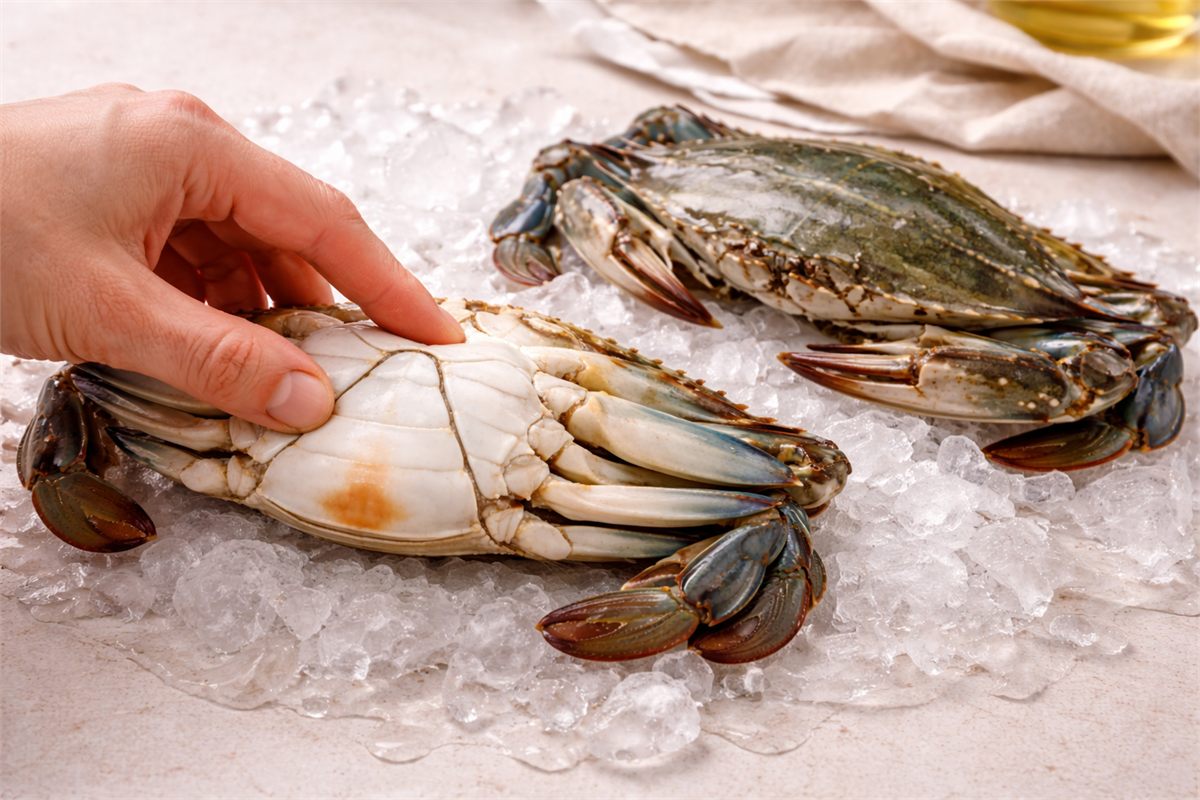 꽃게 배 부분을 눌러 단단함과 신선도를 살피는 디테일 장면 