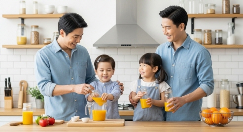 밝은 주방에서 주스를 만드는 가족의 모습