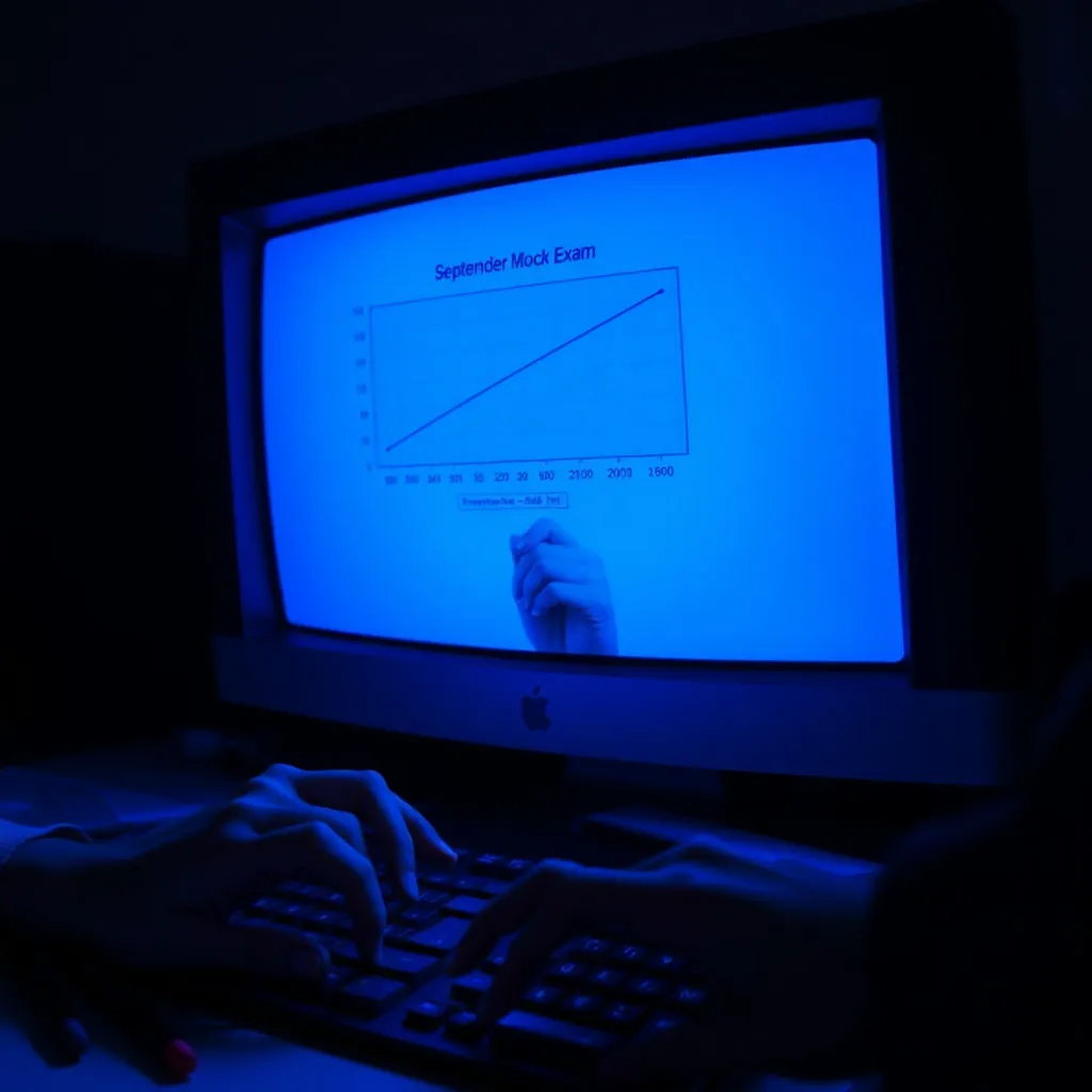 어두운 방 안, 컴퓨터 모니터의 푸른 빛이 학생의 얼굴에 비칩니다. 화면에는 9월 모의고사 등급컷 그래프나 숫자가 선명하게 보이고, 이를 확인하는 학생의 손이 떨리거나, 입술을 앙다문 표정 등 미묘한 감정 변화를 포착합니다. 책상 위에는 펜과 연습장이 어지럽게 놓여 있어 현실감을 더합니다.