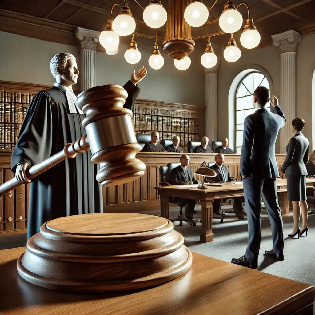 판사가 판결을 내리기 위해 망치를 든 모습.