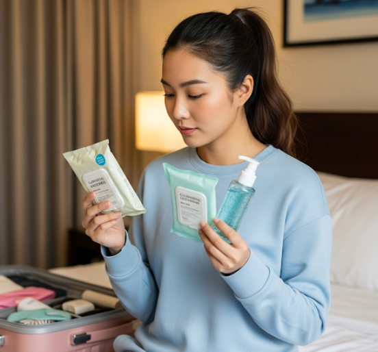 한 여성이 클렌징티슈와 젤클렌저를 비교 분석 모습