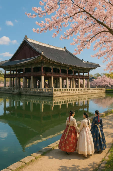 경복궁 벚꽃이 만개한 근정전에 관광객