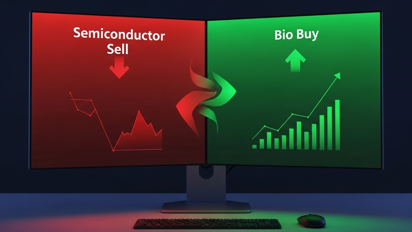 A split screen trading monitor Left side shows 'Semiconductor Sell (Red)', Right side shows 'Bio Buy (Green)', with an arrow indicating money movement.
(왼쪽은 반도체 매도(파란색), 오른쪽은 바이오 매수(빨간색)를 보여주는 분할 화면과 자금 이동 화살표)