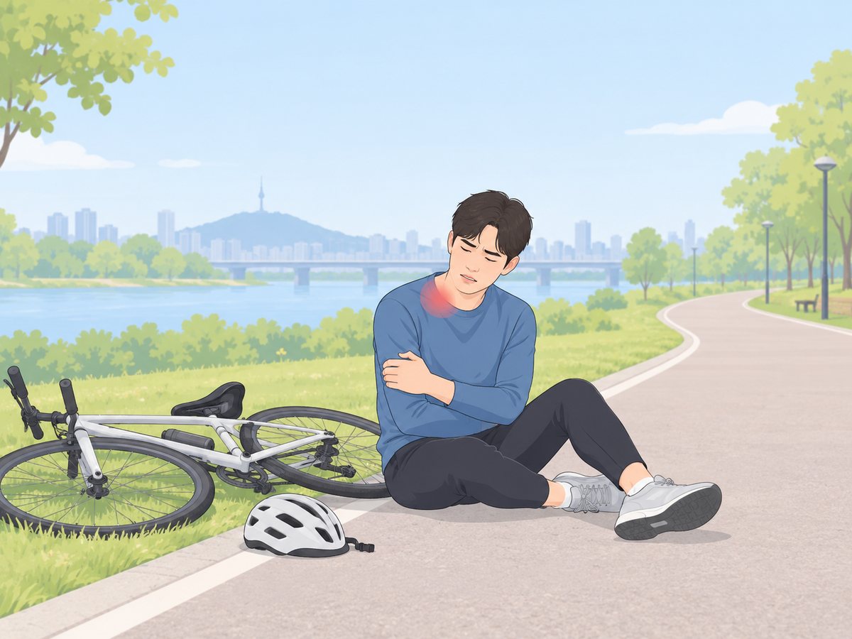 자전거에서 넘어진 뒤 길가에 앉아 쇄골 부위를 감싼 남성