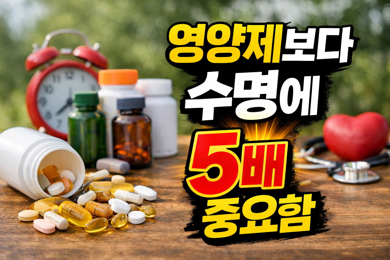 영양제 병과 알약, 시계와 청진기가 놓인 테이블 위에 &lsquo;영양제보다 수명에 5배 중요함&rsquo; 문구가 강조된 심폐지구력 중요성 이미지