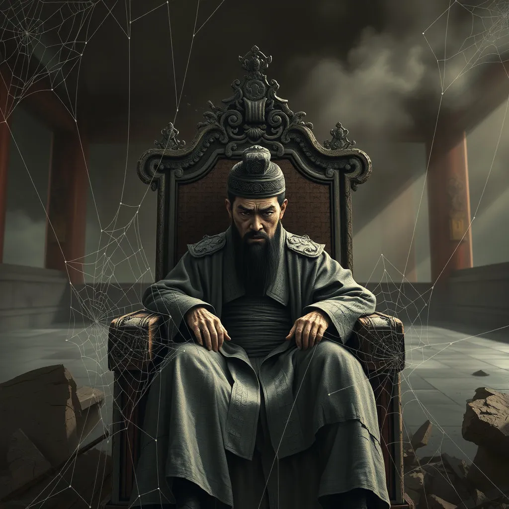 금이 가고 허물어지는 왕좌에 위태롭게 앉아 있는 연산군의 모습입니다. 왕좌 주변에는 거미줄이 쳐져 있거나 어둠이 드리워져 있으며, 연산군의 얼굴에는 불안과 광기가 교차합니다. 텅 빈 궁궐을 배경으로 고독하고 불안정한 상태를 나타냅니다.
