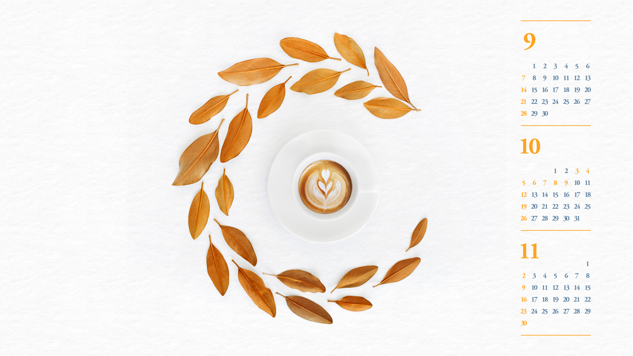 05 나뭇잎과 커피 B - 2025년10월 노트북배경화면