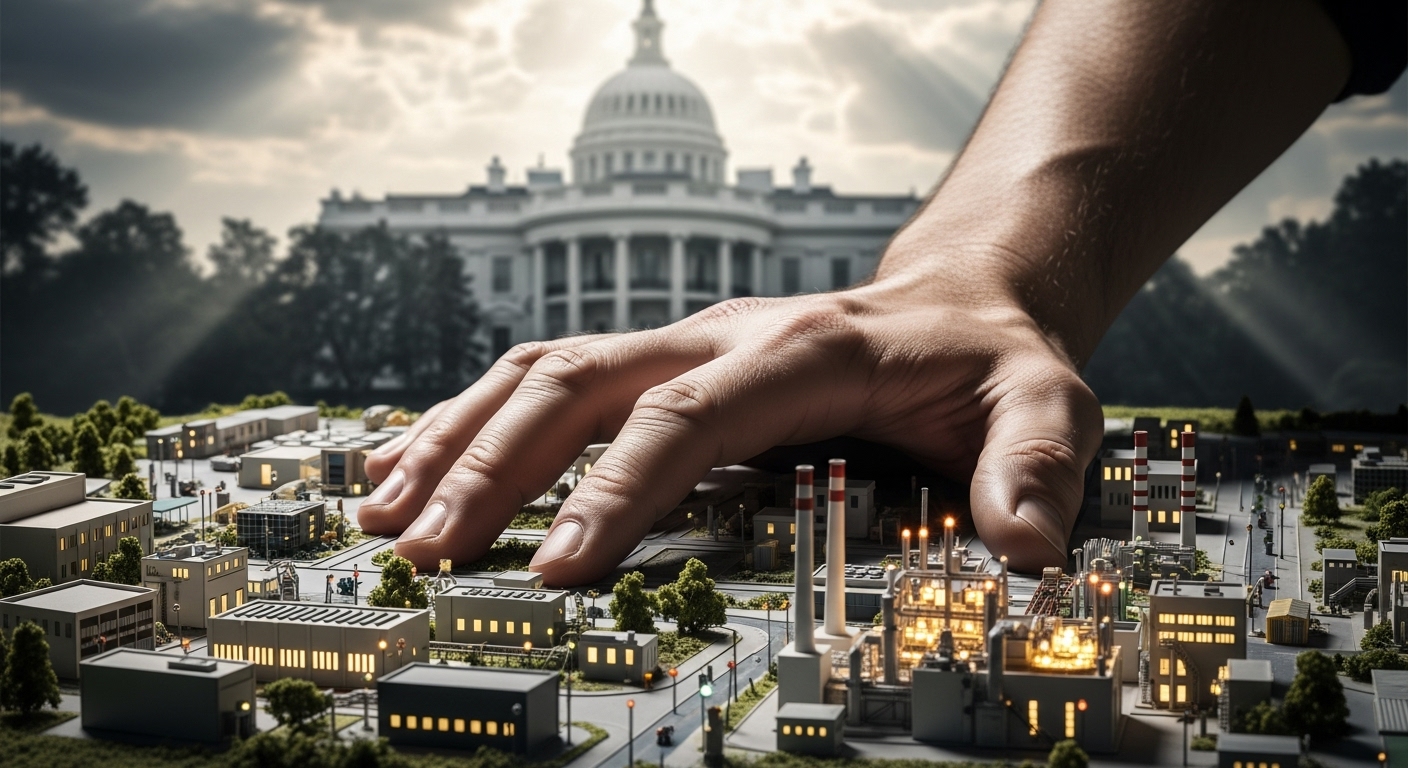 An image of a giant hand pressing down on a semiconductor factory model against the backdrop of the US White House. (Symbolizing regulation and pressure)