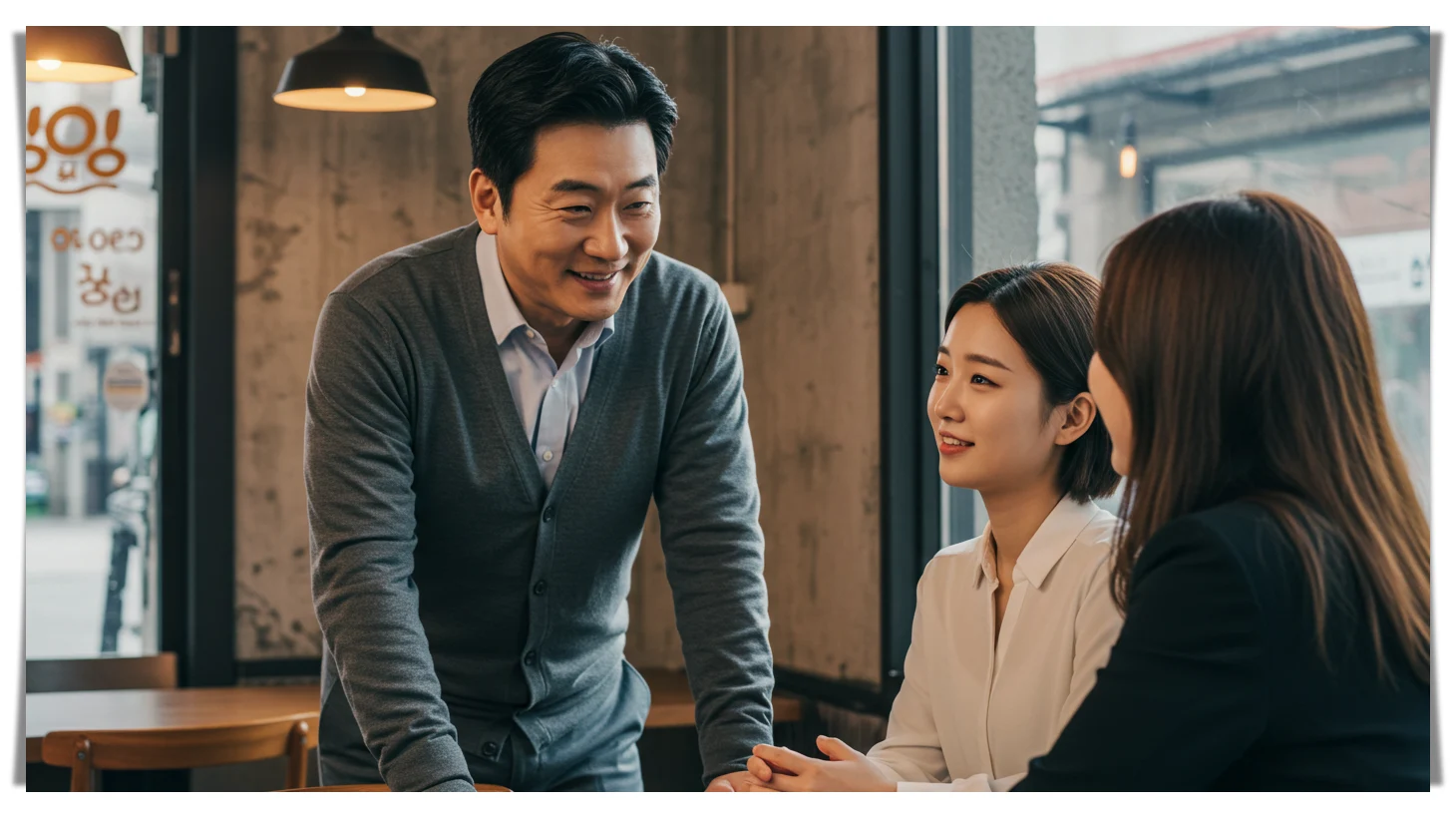 중년 남성과 젊은 여성과의 찻집의 모습