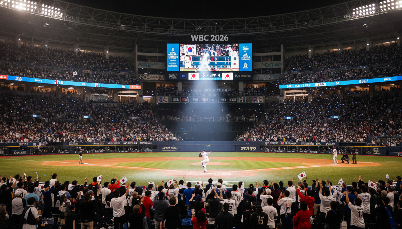 2026 WBC 콜드게임 규정 변경과 한일전 대결의 긴장감을 상징하는 야구 경기장 모습. 열광적인 관중과 투수, 타자가 대치하는 순간을 담아냈다.