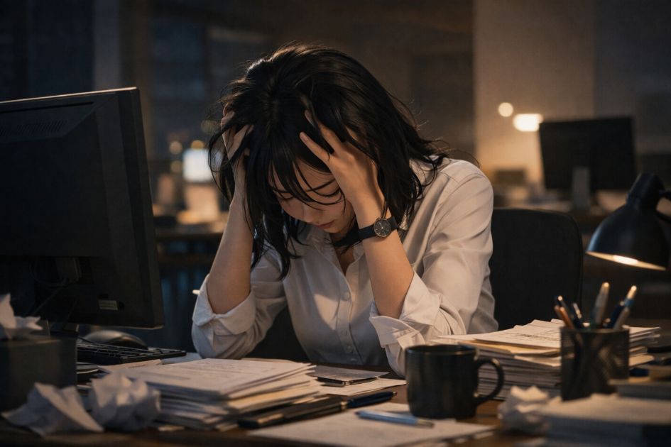 번아웃을 느끼는 직장인의 피로한 모습
