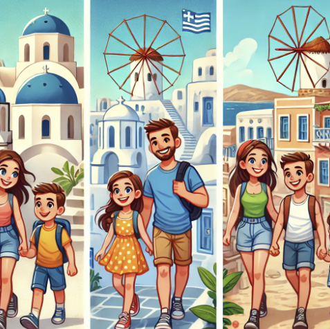 산토리니, 미코노스, 크레타에서 4인 가족 여행하는 비교 사진