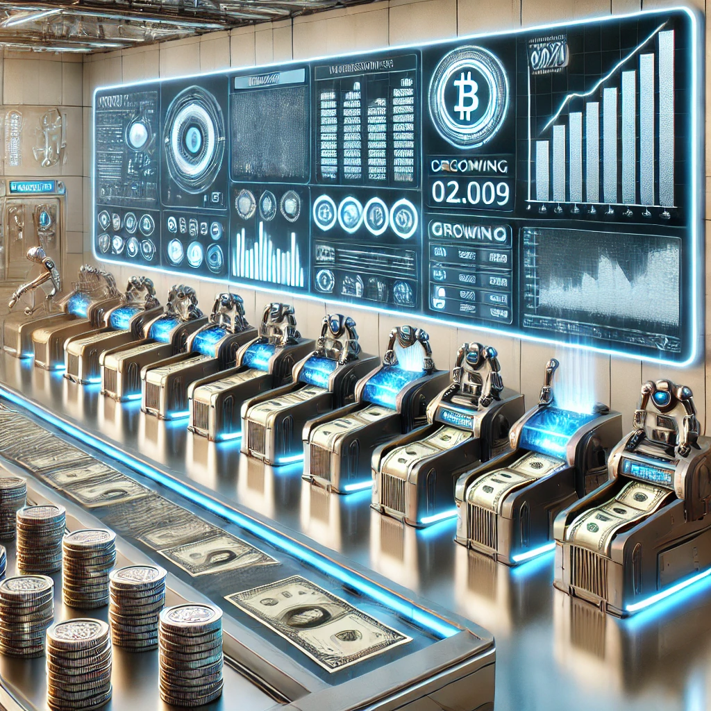 사람 없이 자동화된 시스템이 돈을 관리하는 모습을 시각화한 것