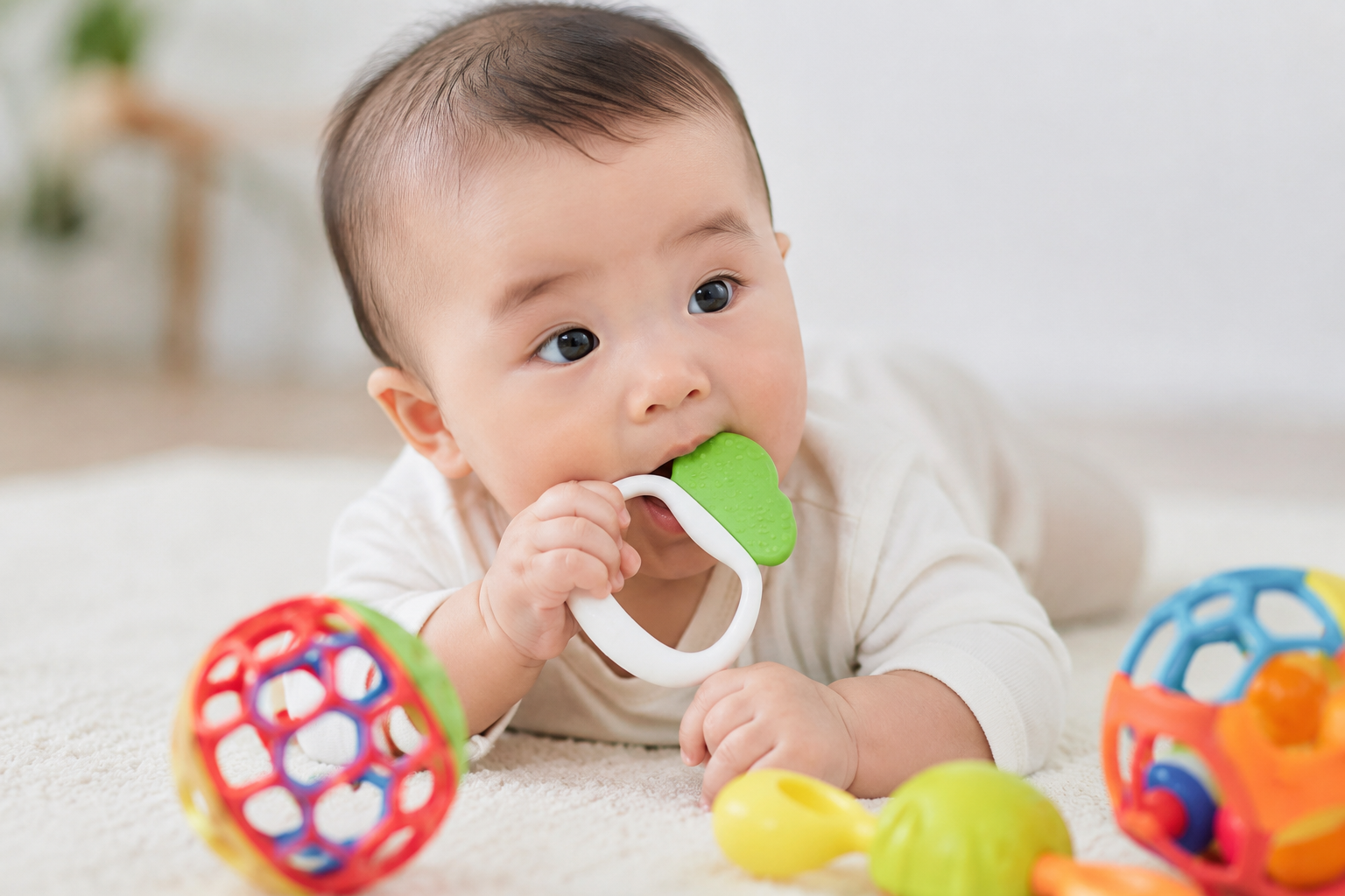 밝고 깨끗한 실내에서 아기가 하얀색 카펫 위에 엎드려 알록달록한 치발기를 입에 넣고 탐색하고 있는 모습이다. 아기의 주변에는 다양한 모양과 색상의 장난감들이 놓여 있어 아기가 주변 환경을 호기심 있게 탐구하는 구강기적 특징을 잘 보여준다. 아기는 호기심 어린 맑은 눈빛으로 앞을 바라보고 있으며, 부드럽고 따뜻한 조명 아래서 편안하고 안정감 있게 놀이에 집중하고 있다.