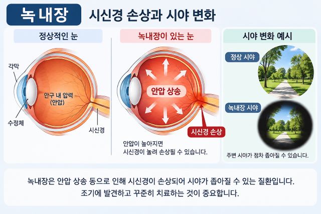 정상 눈과 녹내장 눈의 시신경 손상 및 시야 변화를 비교한 의료 일러스트