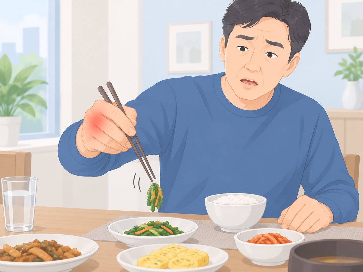 식사 중 젓가락에서 반찬을 떨어뜨리는 남성, 후종인대골화증으로 서툴러진 손놀림
