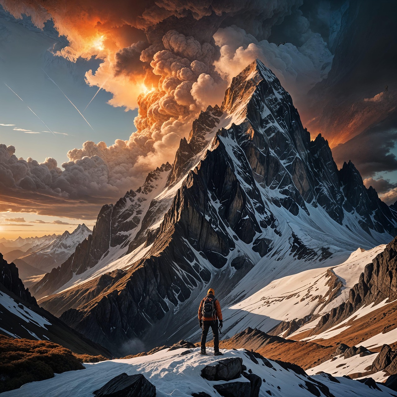 높은 산을 바라보는 등산가