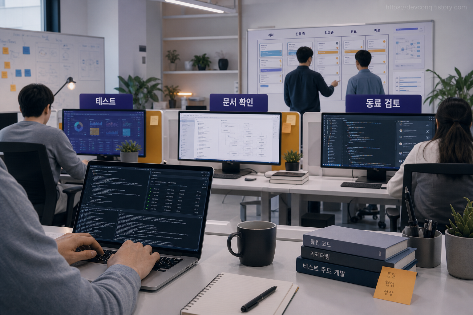 AI가 만든 코드 초안을 테스트·공식 문서·동료 검토의 세 단계로 확인하는 개발팀 작업 흐름