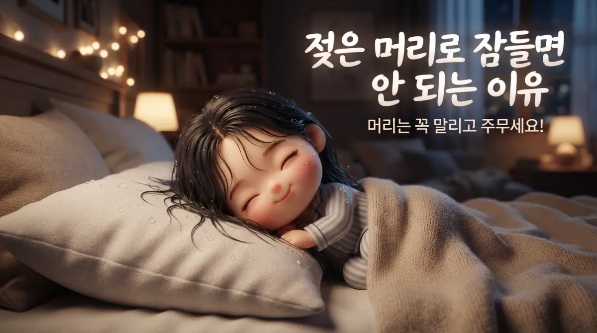 젖은 머리로 베개를 베고 자는 미니어처 캐릭터와 두피 건강 위험성을 경고하는 감성 일러스트