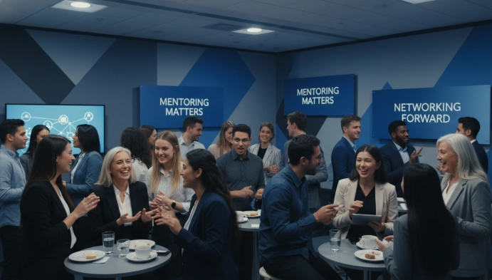 다양한 젊은 기업가들이 네트워킹 행사에서 활발하게 교류하며 협력과 성장을 모색하는 모습입니다.