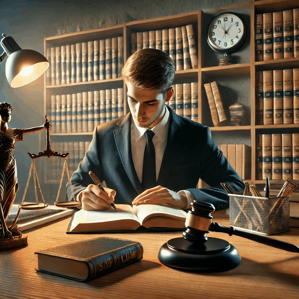 책상에서 법학을 공부하고 있는 학생의 이미지