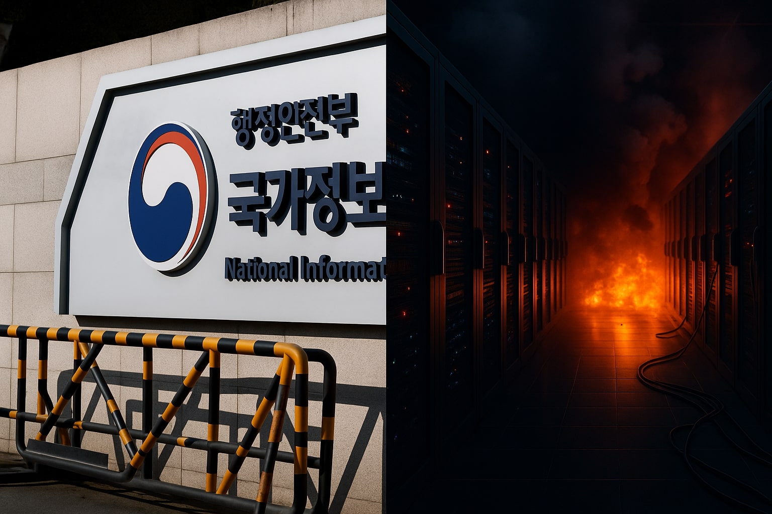 국가정보자원관리원 간판과 서버실 화재 장면 분할