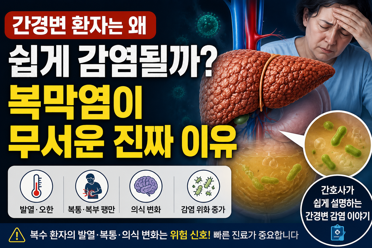 간경변 환자에서 면역 기능 저하와 복수로 인해 복막염이 발생하는 과정을 설명하는 의료 건강정보 썸네일 이미지