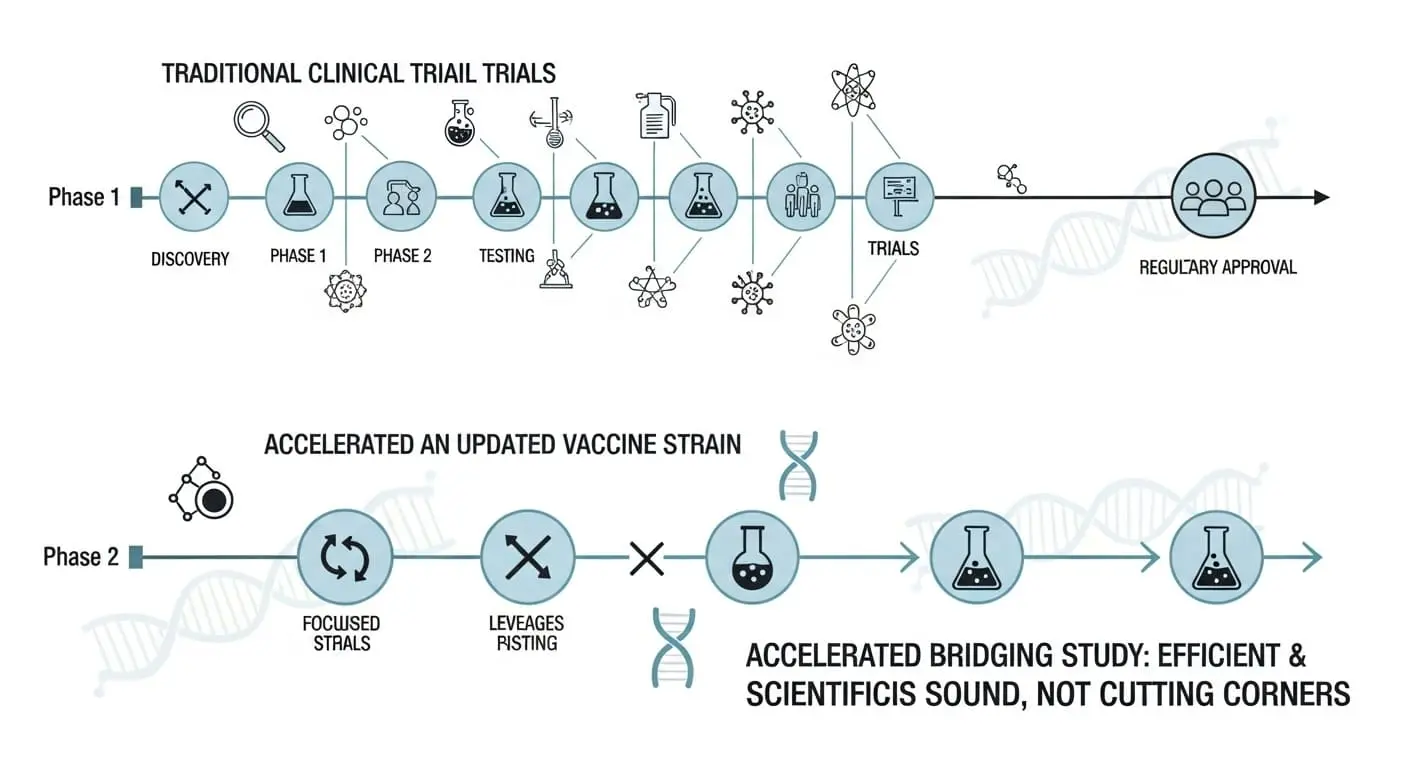 새로운 백신 균주의 임상 시험 과정을 비교하는 인포그래픽으로, 전통적인 방법과 면역원성 가교 시험을 통한 효율적인 과정을 시각적으로 보여줍니다.