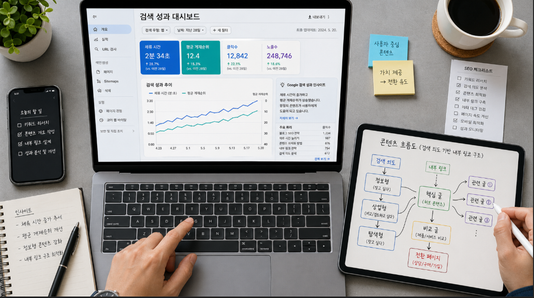 구글 서치 콘솔 데이터를 분석하며 체류 시간과 검색 의도를 최적화하는 전략적 작업 환경
