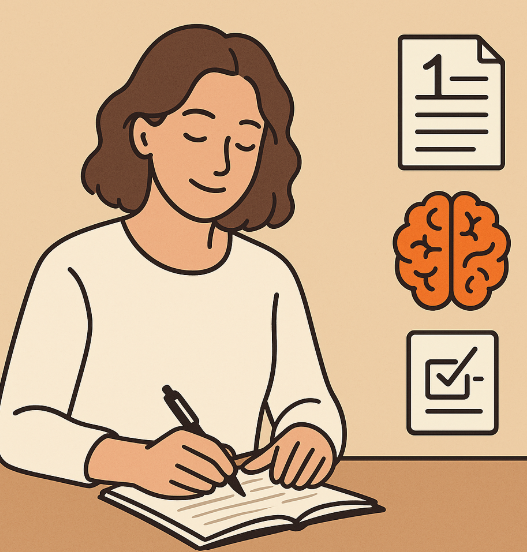 따뜻한 베이지 톤 배경 앞에 앉은 젊은 여성이 집중해서 노트에 글을 쓰고 있는 모습과 그녀의 오른쪽에는 세 가지 상징적인 아이콘이 세로로 배치(페이지가 표시된 글쓰기 아이콘, 오렌지색 뇌, 체크 리스트)
