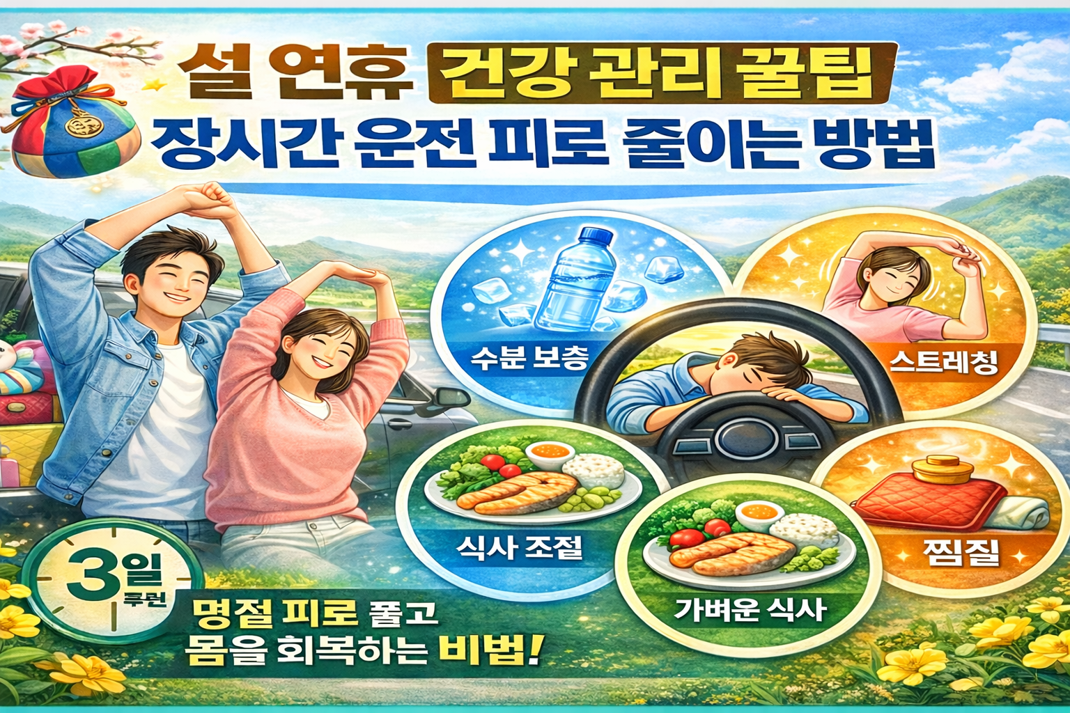 설 연휴 장시간 운전 후 건강 관리와 피로 회복 방법을 안내하는 대표 이미지